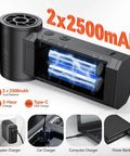 Cordless Air Duster With 130000 RPM Motor showing two 2500mAh batteries and charging options: adapter, car, computer, power bank.