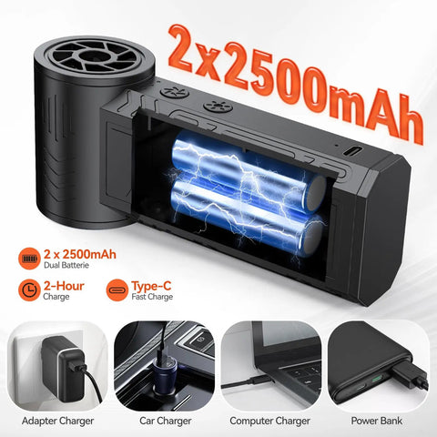 Cordless Air Duster With 130000 RPM Motor showing two 2500mAh batteries and charging options: adapter, car, computer, power bank.