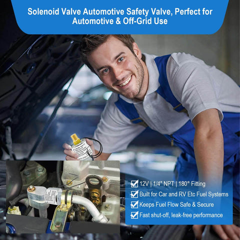 Technician holding 12 Volt Propane Solenoid Valve With One Quarter Inch NPT Inlet And Outlet, ideal for automotive use.