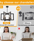Killer 22 Inch Black Chandelier With Six Geometric Farmhouse Lights, Modern Industrial Pendant Fixture Over Kitchen Island Or Dining Room, Swoon Worthy Entryway Ceiling Lamp comparison image showing easy assembly vs complicated assembly.