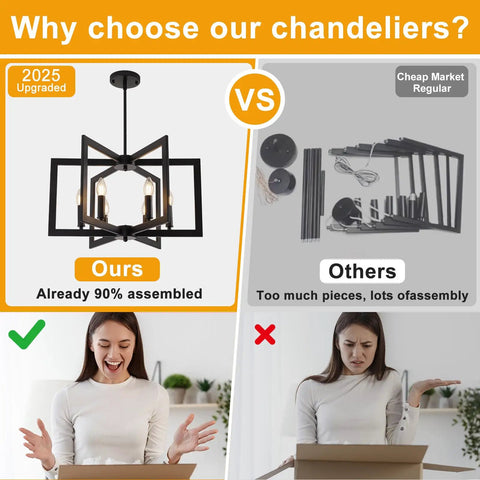 Killer 22 Inch Black Chandelier With Six Geometric Farmhouse Lights, Modern Industrial Pendant Fixture Over Kitchen Island Or Dining Room, Swoon Worthy Entryway Ceiling Lamp comparison image showing easy assembly vs complicated assembly.
