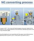 TEENGSE 1/2 in natural gas pressure regulator with brass 1/2 in NPT adapters, shown in three installation steps