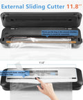 PowerVac Vacuum Sealer With Starter Kit showcasing built-in 11.8-inch cutter for precise bag cutting, open lid view.