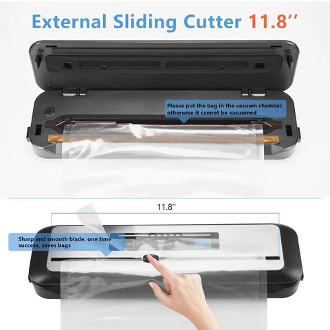 PowerVac Vacuum Sealer With Starter Kit showcasing built-in 11.8-inch cutter for precise bag cutting, open lid view.