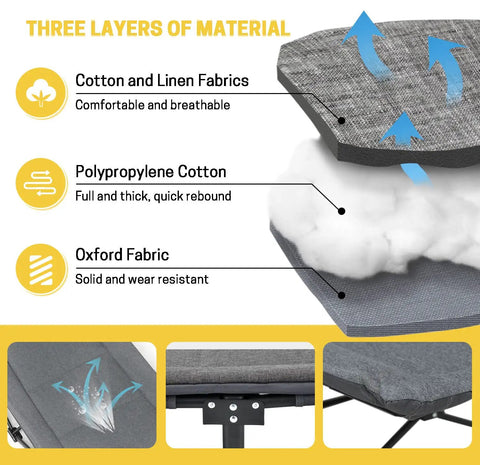 Three material layers in Comfy Built In Cushion Camping Cot With Pillow For Adults Portable Folding Bed