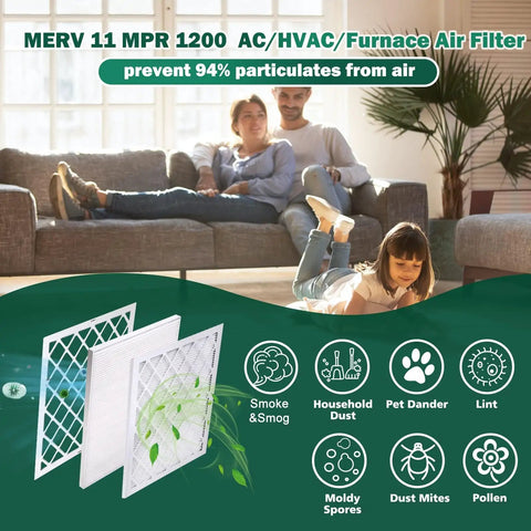 9 Pack 16x20x1 Air Filters With Reusable ABS Frame Deep Pleated MERV 11 MPR 1200 FPR 6-8, family relaxing, filter icons