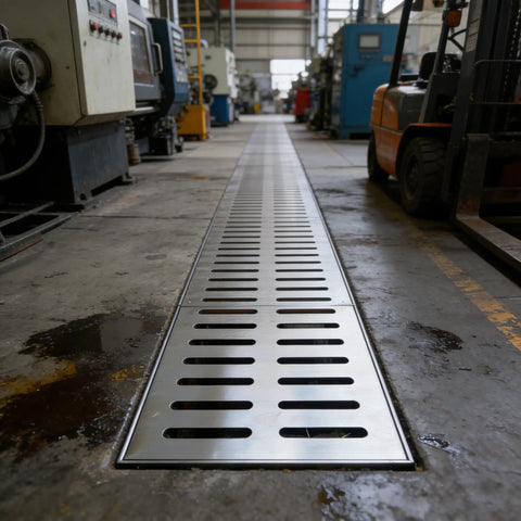 Rock Solid 304 Stainless Steel Square Trench Drain Grate Covers Heavy Duty 0.8 x 1.2 inches for industrial drainage use.