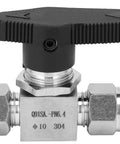 Two-way stainless steel needle valve with black T-handle and 10mm ports for high-pressure flow control.