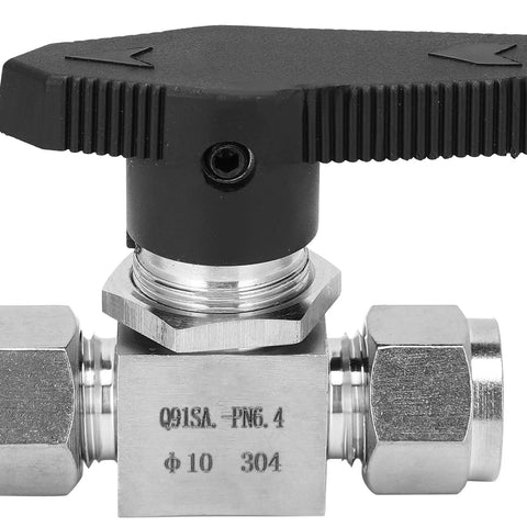 Two-way stainless steel needle valve with black T-handle and 10mm ports for high-pressure flow control.