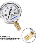 Measureman pressure gauge, 2.5-inch dial, glycerin-filled, stainless steel case, brass 1/4-in NPT lower mount