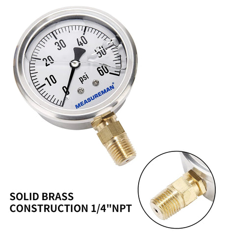 Measureman pressure gauge, 2.5-inch dial, glycerin-filled, stainless steel case, brass 1/4-in NPT lower mount