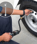 Person using All In One Digital Tire Pressure Gauge With Inflator Kit 250 Psi Air Compressor Attachment on vehicle tire