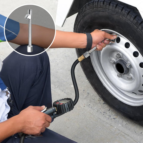 Person using All In One Digital Tire Pressure Gauge With Inflator Kit 250 Psi Air Compressor Attachment on vehicle tire