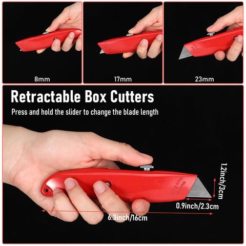 12 Pack Bulk Retractable Utility Knives Heavy Duty Aluminum Box Cutters For Cardboard Plastic Cartons DIY Projects Home Office Warehouse Red Handles Great For Packaging Opening And Crafting, red retractable box cutter with adjustable blade, 16cm