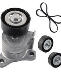 Top Rated Drive Belt Tensioner Idler Pulley Serpentine Kit For Dodge Journey 09-17 Avenger Chrysler 200 and Jeep Patriot Compass 4 Cylinder 2.4L Engines That Aint Gonna Get You Stranded, featuring metal tensioner and dual idler pulleys.