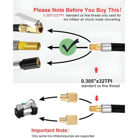20 Inch Tire Inflator Hose With Lock Air Chuck Convert Nuts Presta Adaptor For Air Comp Schrader Converts To Lock Connection on black hose