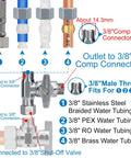 Diagram showing installation of Brass Angle Stop Add A Tee Valve For Bidet Sprayer Systems with various 3/8 inch tubing types.