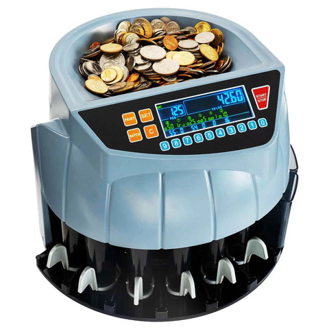 Coin Counter And Sorter Machine With Six Bins Counts Up To 250 Coins Per Minute Handles One Cent Five Cent Ten Cent Twenty Five Cent Fifty Cent And Dollar 2000 Coin Hopper Batch Mode Printer Ready Easy One Button Operation For Shops And Home displaying coins on top