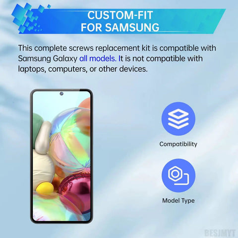 Complete Black Smartphone Screw Replacement Kit For Samsung Galaxy Series Phones Tight Fit Precision Screw Assortment Set displayed on a compatible device.