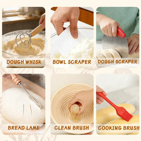 Ultimate Sourdough Starter Kit For Home Bakers With 9 Inch Round And 10 Inch Oval Banneton Proofing Baskets tools in use collage