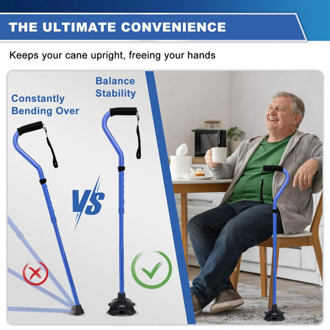 Heavy Duty Quad Cane Tip Replacement For 3/4 Inch Shafts showing comparison of upright stability and flexibility in home setting.