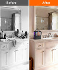 Bathroom countertop with toiletries before and after using Quick Dry Mesh Shower Caddy For Dorms, Gym, Travel And Camping.