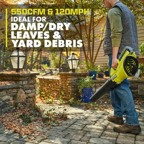 Person using Powerhouse 40V Cordless Leaf Blower Tool Only With 120 MPH Air Speed And 550 CFM on patio for leaf cleanup