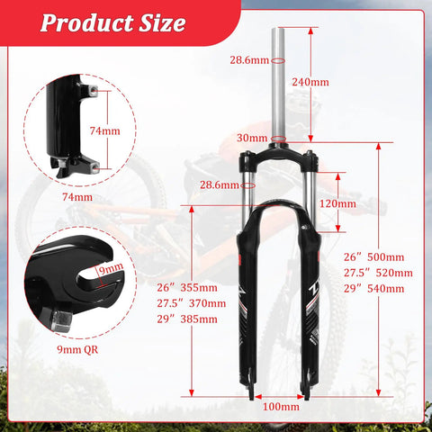 Diagram showing Beefy 26 Inch MTB Suspension Fork With 120Mm Travel And Crown Lockout, 28.6Mm Steerer, 9Mm QR, 100Mm Hub.