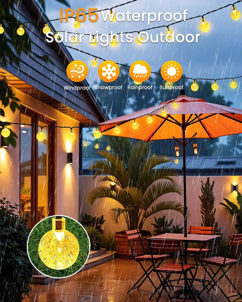 64ft 100 LED Crystal Globe Solar String Lights outdoor waterproof with 8 lighting modes on patio during rain.