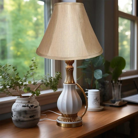Gold Bell Lamp Shades Set Of 2 For Table Lamps Traditional Linen Spider Shade With Elegant Gold Fabric lit on wooden table