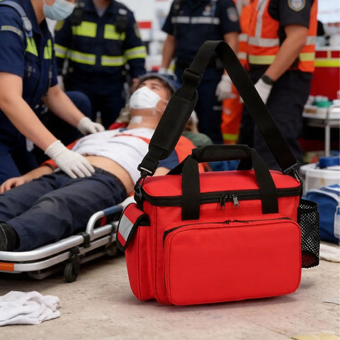 Well Organized Emergency First Aid Kit Bag in 1000D Oxford cloth displayed during a medical emergency scene