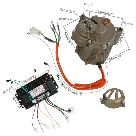 Full Throttle 72V 1000W Brushless DC Motor With Gearbox And Sine Wave Speed Controller Kit showing motor dimensions and wiring connections.
