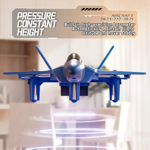 Front view of upgraded ABS fighter jet RC plane for kids with LED lights hovering indoors.