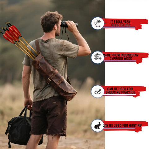 Person holding binoculars with 33 Inch Handmade Wooden Archery Arrows Set With Turkey Feather Fletching in a leather quiver.