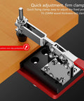 Stainless Steel 35mm Cup Hinge Drill Guide Jigs With Ball Bearing Guide for Precise Cabinet Assembly in use on wooden board