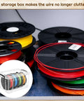 Filament Storage Box For 3D Printer With Reusable Desiccants, Clear Plastic Dryer Bin displayed among colorful filament spools