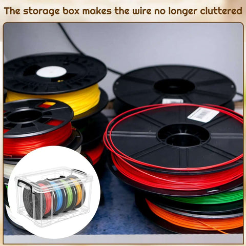 Filament Storage Box For 3D Printer With Reusable Desiccants, Clear Plastic Dryer Bin displayed among colorful filament spools