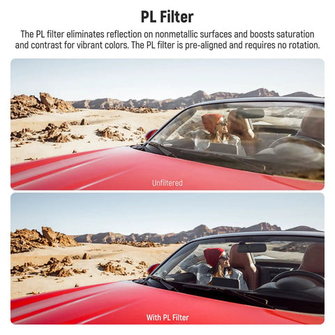 Comparison of desert view from red car with and without CPL filter for Drone ND Filter Set For DJI Flip And Lito X1 Drones.