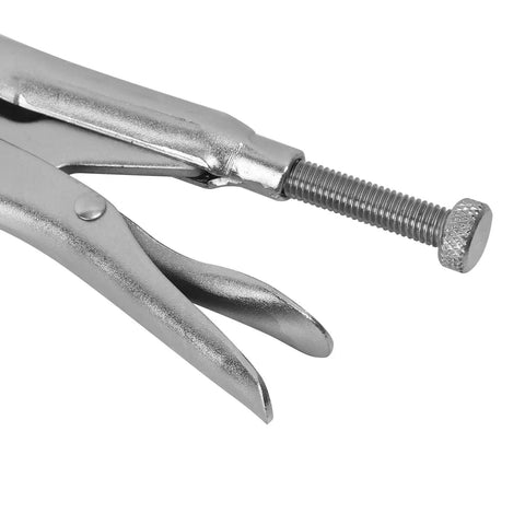 Close-up of a Six Pack 11 Inch C Clamp Locking Pliers Set With Swivel Pads Heavy Duty Woodworking Clamps, silver metal with screw detail