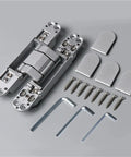 Heavy Duty Invisible Door Hinge Concealed Adjustable Cross Shaped Wooden Handle For Rock Solid Hidden Pantry Doors Clean Silver Hardware setup with screws and tools.