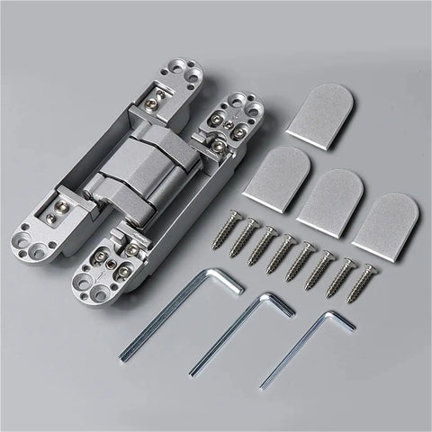 Invisible Concealed Door Hinge With Adjustable Cross Shaped Wooden Handle Creating Flawless Hidden Door Setup With Smooth Pull Action And Solid Black Finish That Gives Your Space A Clean And Modern Vibe, silver hinge, screws, and brackets.