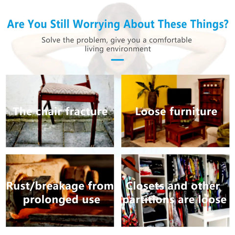 Image showing common furniture issues: broken chair, loose furniture, rust, and messy closets in need of repair.