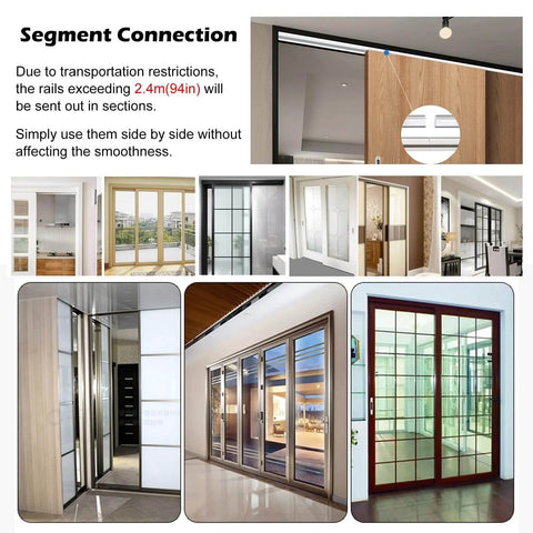 Various installed sliding barn doors shown with different rail systems and door styles, emphasizing segment connection flexibility.