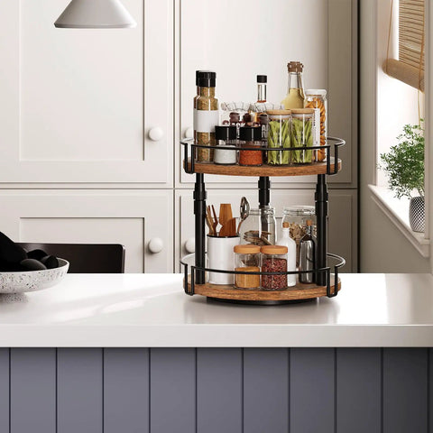 Smooth Spin Two Tier Lazy Susan Spice Rack Organizer With Adjustable Height For Kitchen Counter And Cabinet Storage Rustic Brown Finish with spices and jars.