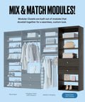 Grey Modular Closet Shelf Tower With 2 Smooth Drawers And Versatile Shelves shown in mixed modular setup with clothing and accessories.