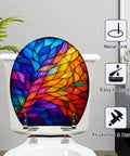 Round Colorful Stained Glass Effect Abstract Leaf Radiant Toilet Seat with vibrant hues on a ceramic toilet.