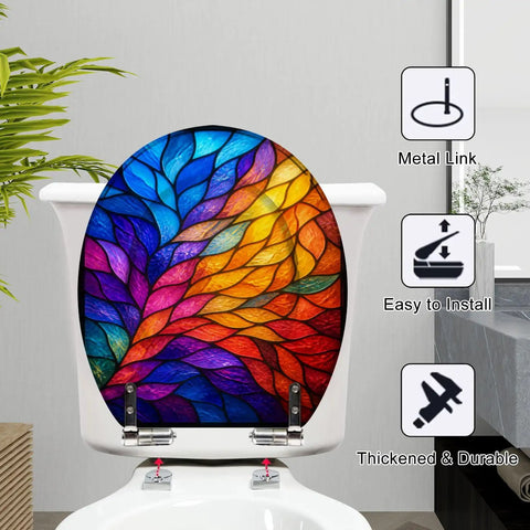 Round Colorful Stained Glass Effect Abstract Leaf Radiant Toilet Seat with vibrant hues on a ceramic toilet.