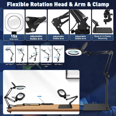 15X Floor And Desk Magnifying Glass With Light And Stand Hands Free Craft Hobby Tool With 80 LED Bulbs and adjustable arms