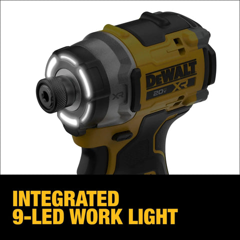 Pro Level 20V Max Brushless Cordless 3 Speed High Torque 1/4 Inch Impact Driver Kit With Xr Power Pack And Fast Charger featuring integrated 9-LED work light.