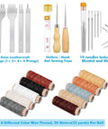 All-In-One 35-Piece Leather Sewing Kit With Hole Punch Prongs, Waxed Thread, Large-Eye Needles, Awl, Thimble, Tape Measure And Leather Punch Tools For Beginner DIY Leather Craft Projects showing prongs, awl, thimble, tape, needles, and threads.